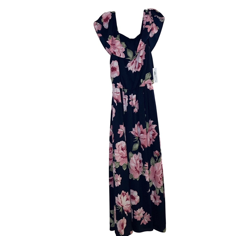Premier Amour Woman's Size 8 Floral Dress Slit Sides Navy Pink Off Shoulder R